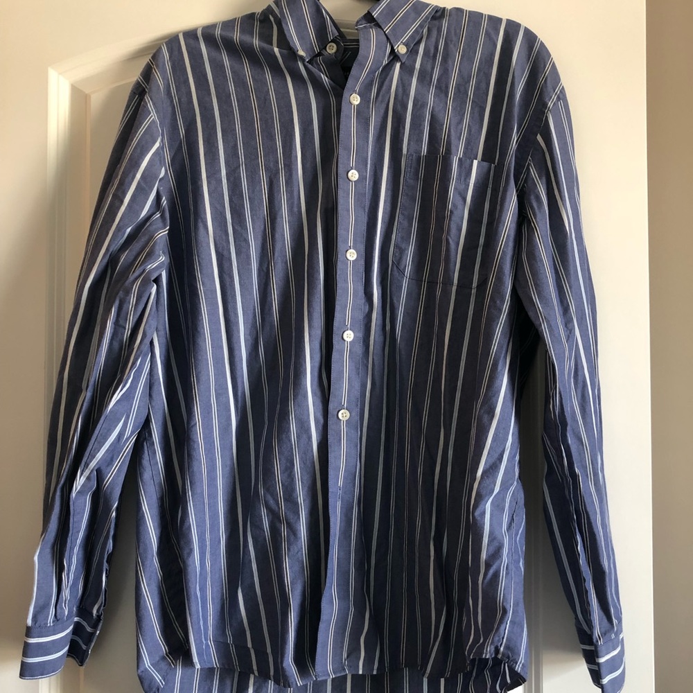 Large. Blue striped button up!